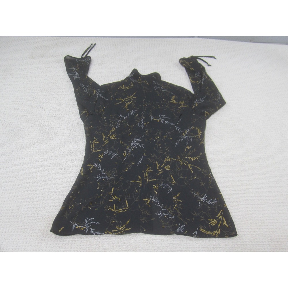 Leslie Fay Shirt Womens 8 Black Floral Print Button Front Long‎ Sleeve Tie Cuff - Picture 6 of 10